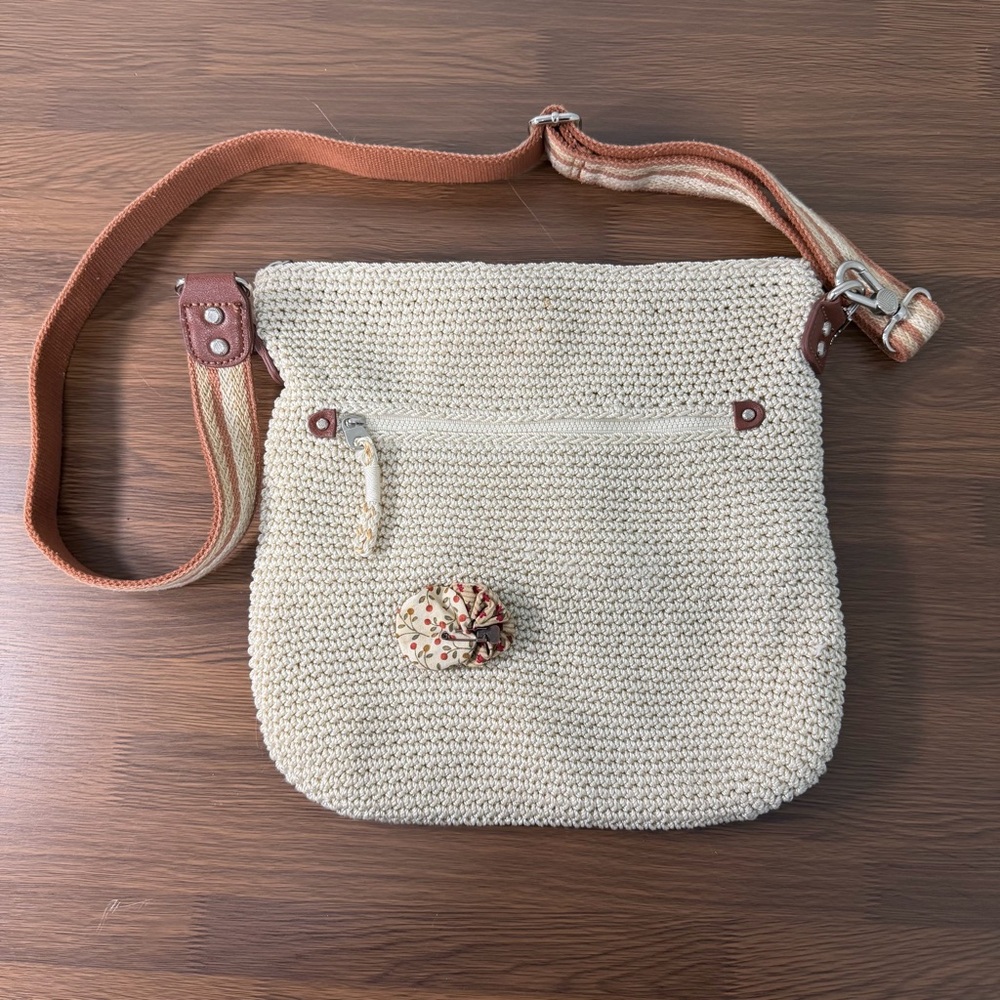 The Sak Cream Knit Crossbody Bag with Tan Strap